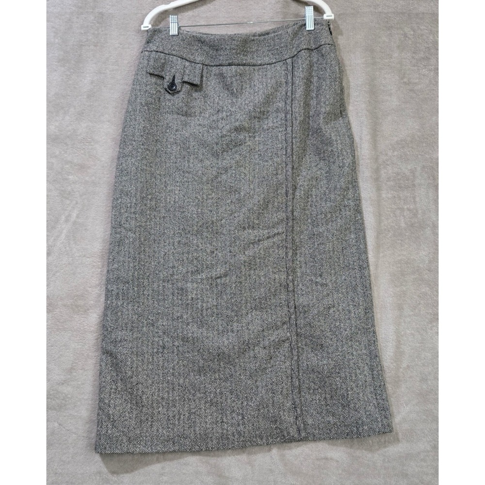 Liz Claiborne Herringbone Midi Skirt 12 Wool Blend Office Capsule Dark Acadamia